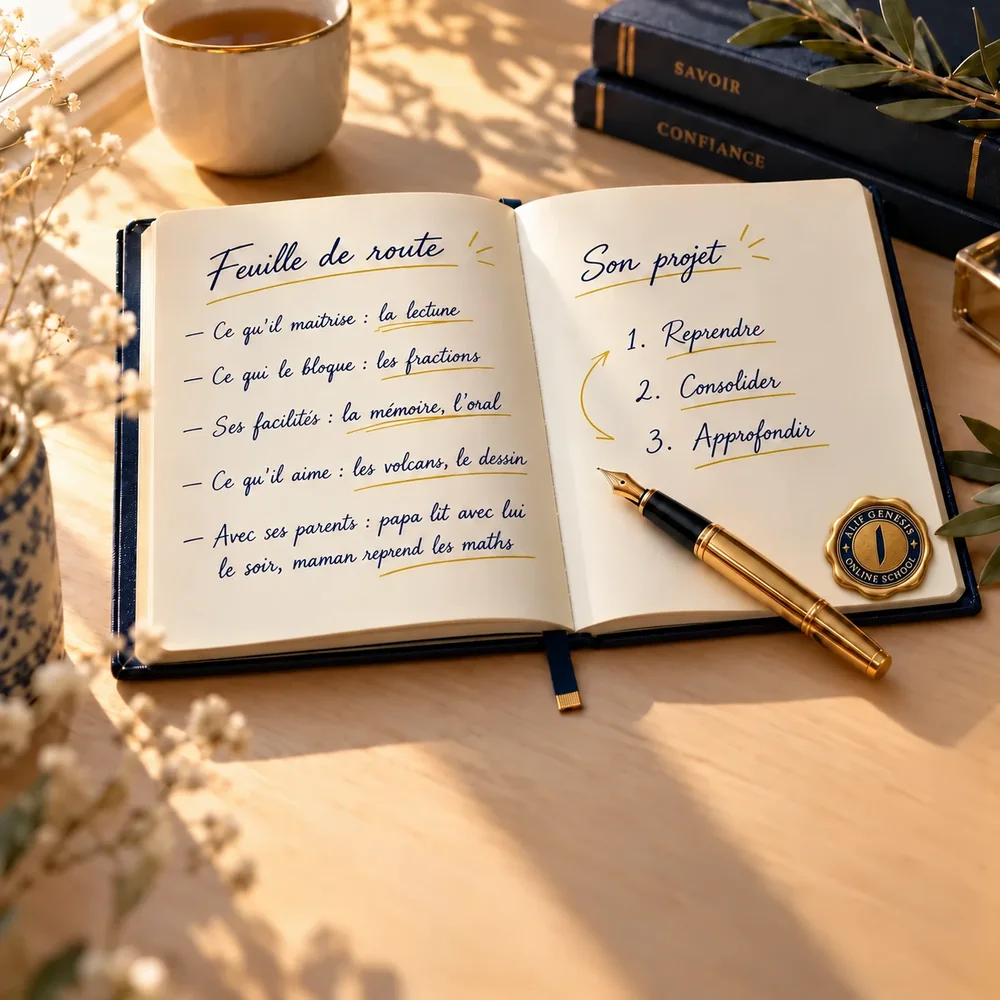 Carnet de suivi ouvert sur un bureau : la feuille de route d’un élève (ce qu’il maîtrise, ce qui le bloque, ses facilités, ce qu’il aime) et son projet : reprendre, consolider, approfondir