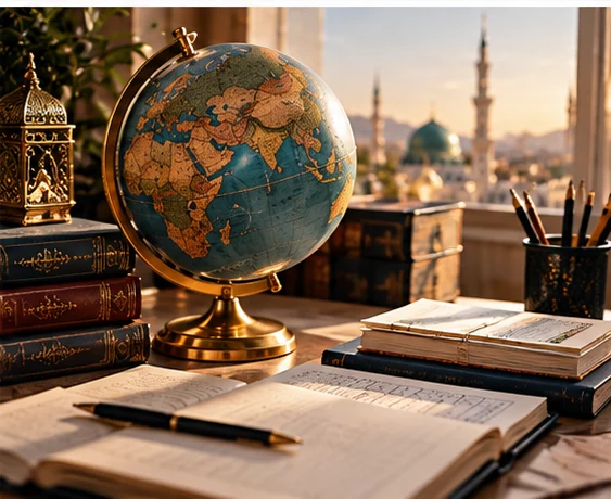 Globe terrestre et livres ouverts, devant une ville aux minarets