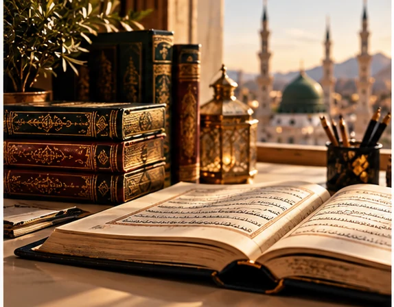 Livre ouvert en arabe parmi des livres reliés, devant une ville aux minarets