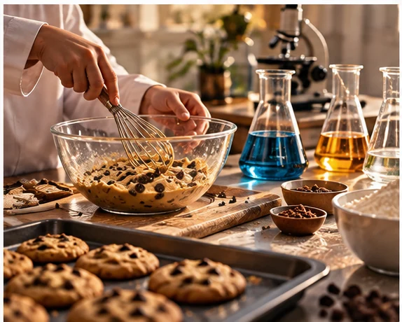 Enfant qui prépare une pâte à cookies, à côté de fioles colorées et d’un microscope