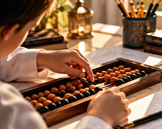 Enfant qui compte sur un boulier japonais (soroban)